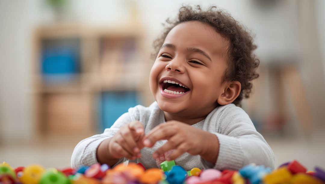 Joyful Laughing Toddler with Colorful Building Blocks