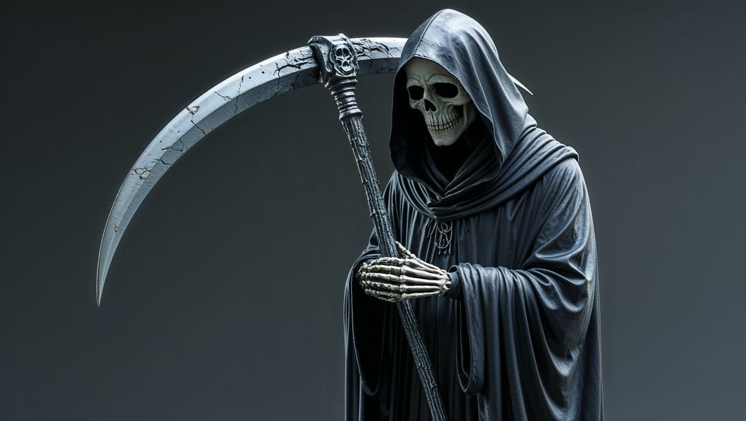 Gothic Grim Reaper Holding Ornate Scythe Against Gray Backdrop