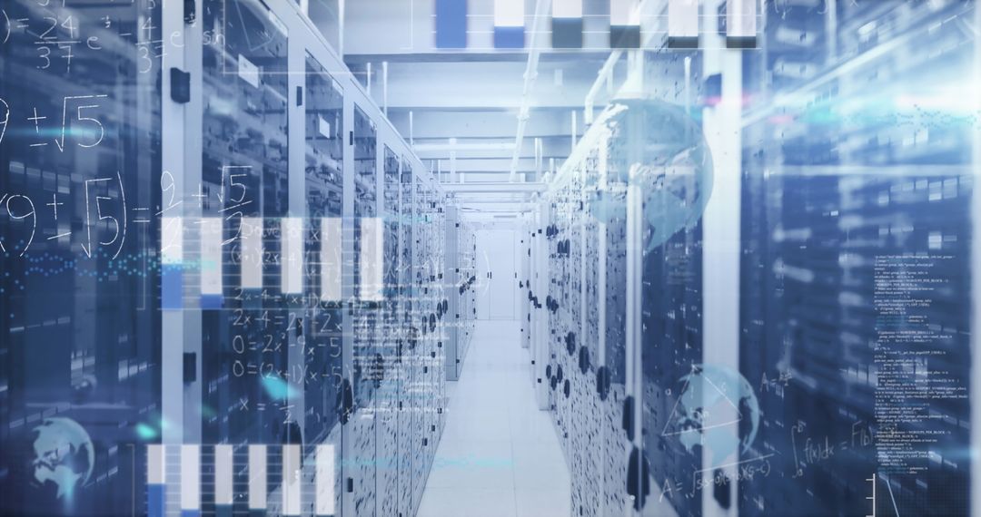 Futuristic Data Center Corridor with Digital Visualization