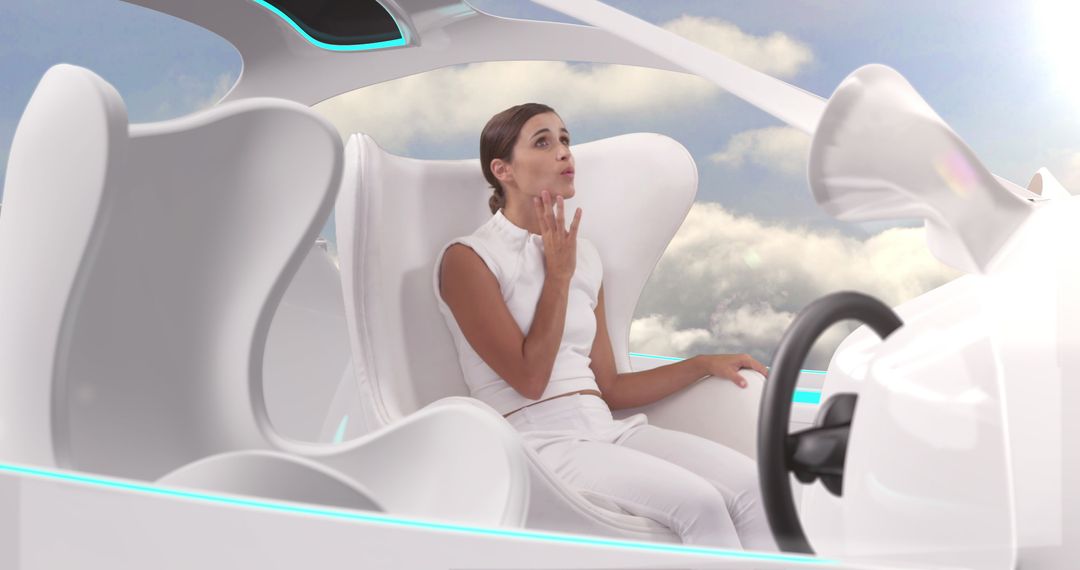 Woman Relaxing in Autonomous Car with Futuristic Design