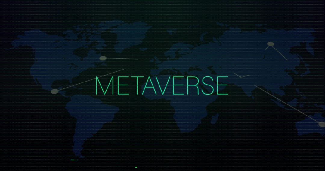 Neon Metaverse Text with World Map and Digital Lines