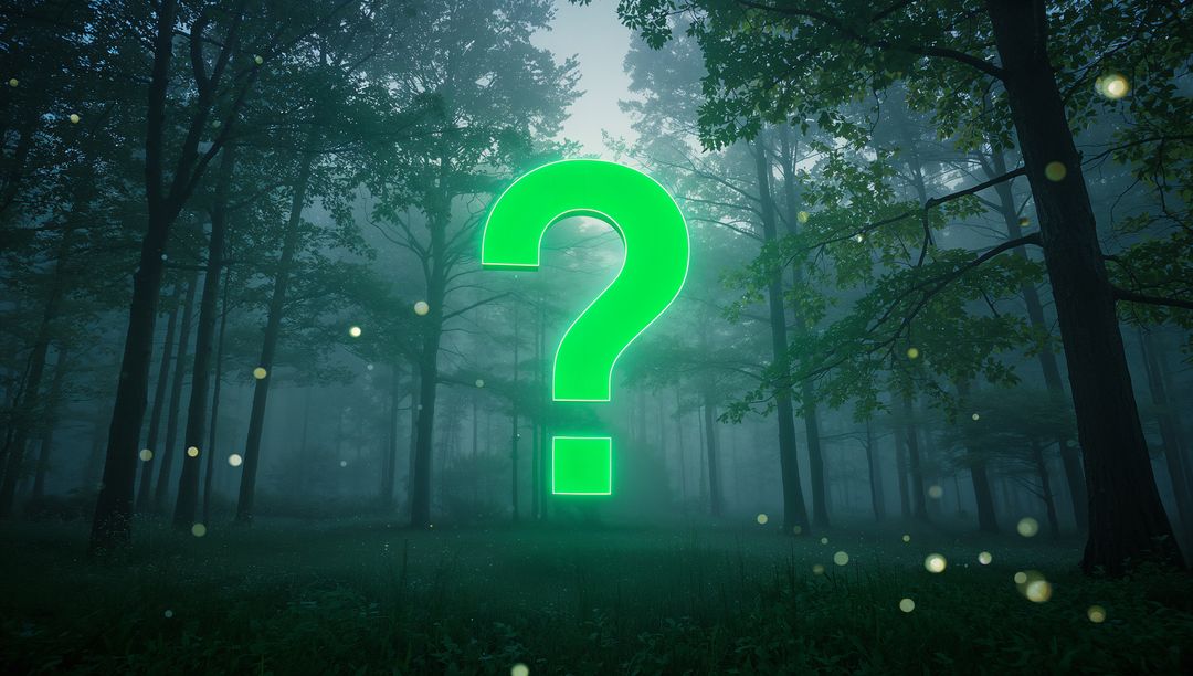 Mysterious Neon Green Question Mark in Enchanted Forest
