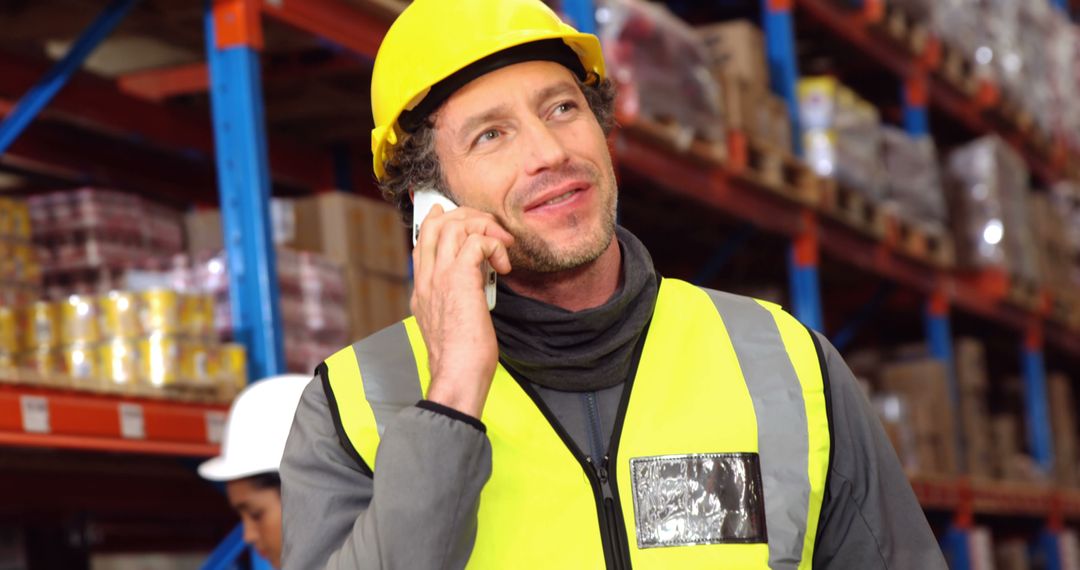 Warehouse Worker Using Mobile Phone with Yellow Safety Vest - Free Images, Stock Photos and Pictures on Pikwizard.com