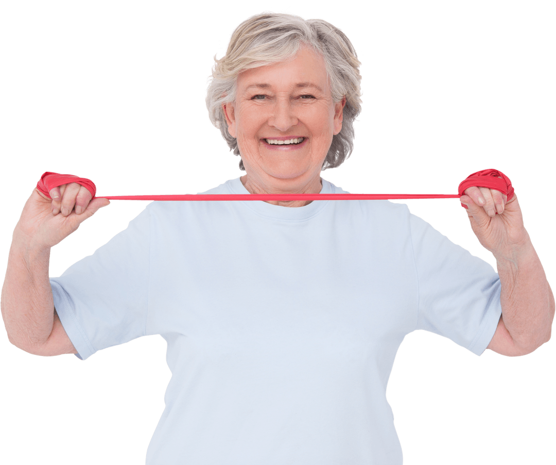 Senior Woman Using Resistance Band on Transparent Background