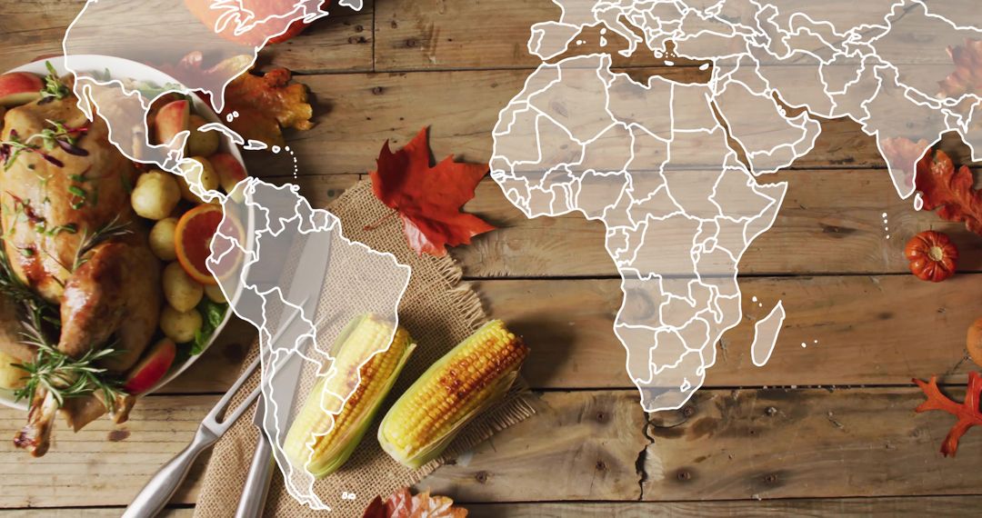 Showcasing rustic harvest table with roasted turkey, grilled corn and world map overlay