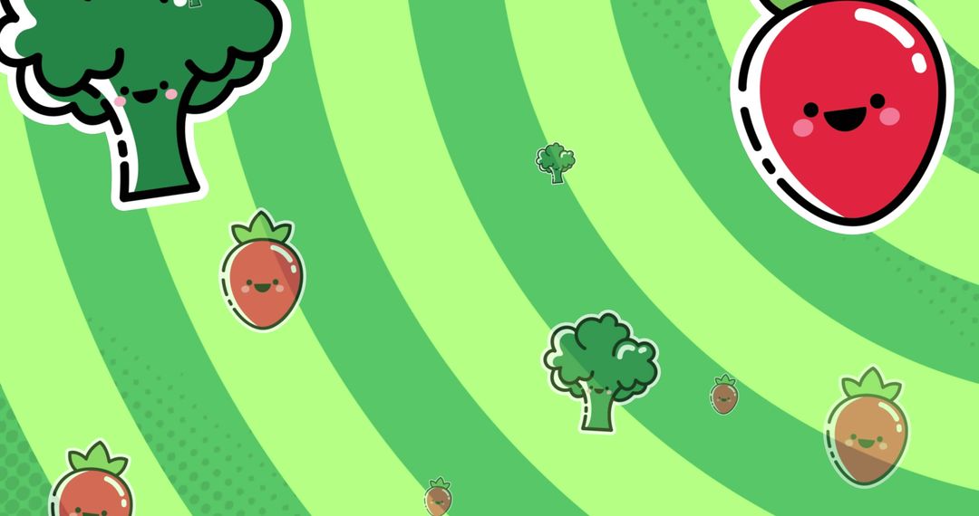 Cute Vegetables and Fruits Pattern on Green Spiral Background