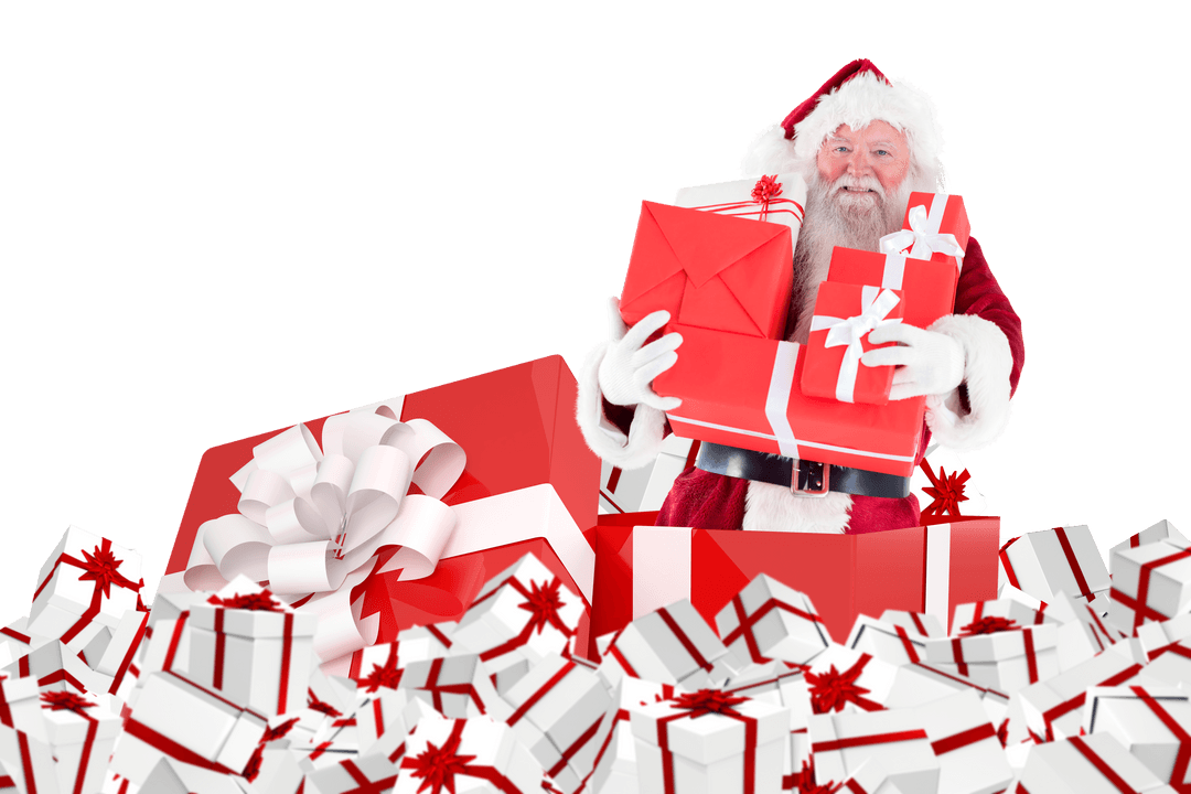 Transparent Santa Standing Amidst Gift Boxes