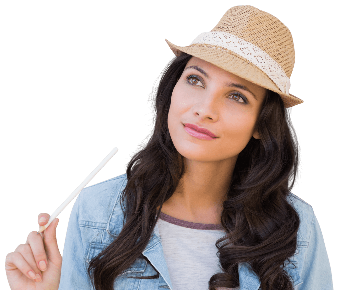 Thoughtful Woman in Hat with Pen on Transparent Background