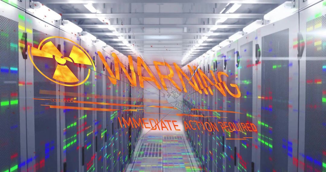 Hologram Warning in Futuristic Server Room Corridor