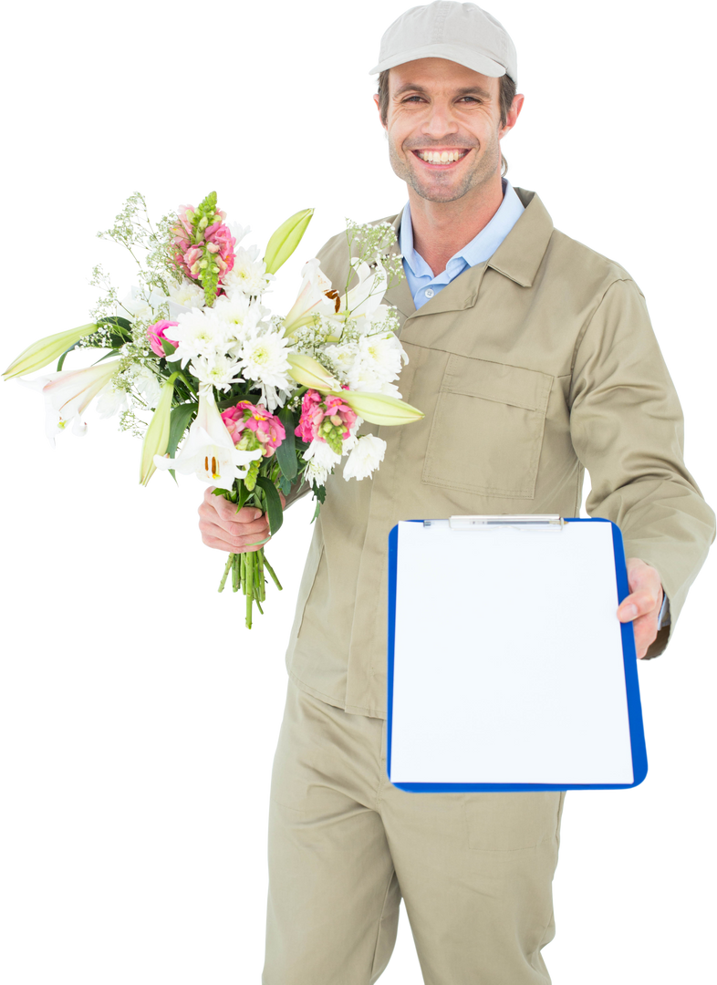 Transparent Happy Delivery Man Holding Bouquet and Clipboard - Download Free Stock Images Pikwizard.com