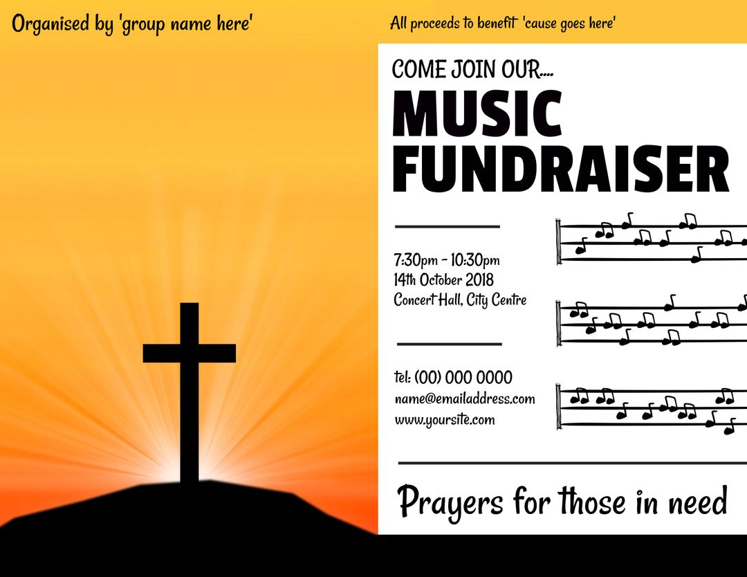 Charity Music Event Poster with Cross and Musical Notes