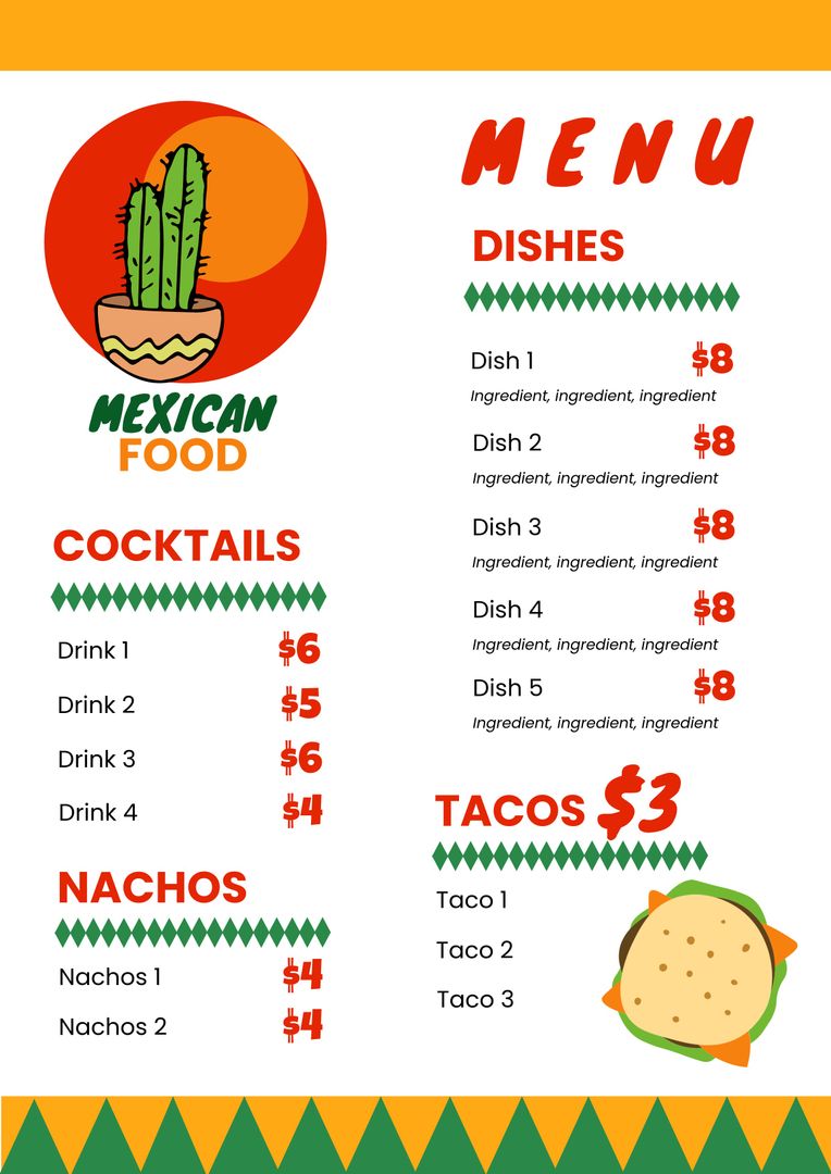 Colorful Mexican Restaurant Menu with Cactus Illustration - Download Free Stock Templates Pikwizard.com