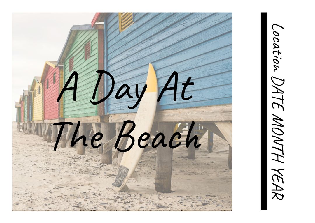 Colorful Beach Huts and Surfboard Offering Summer Fun
