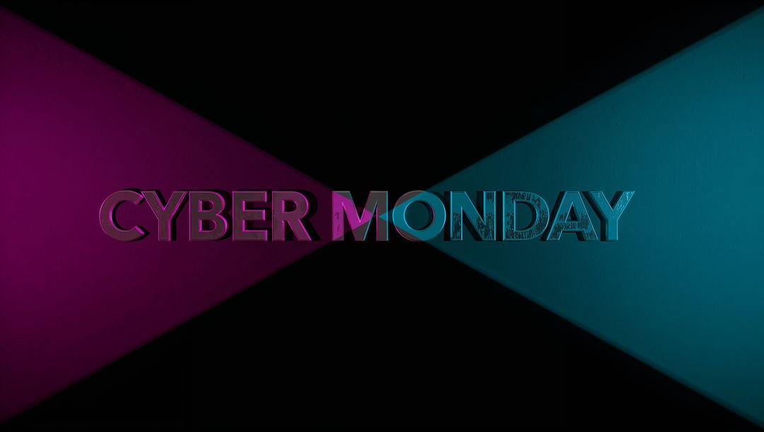 3D Cyber Monday Metallic Typography Glossy Chrome with Magenta Cyan Spotlights