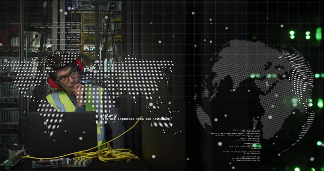 Technician Analyzing Data with Futuristic Global Network Overlay