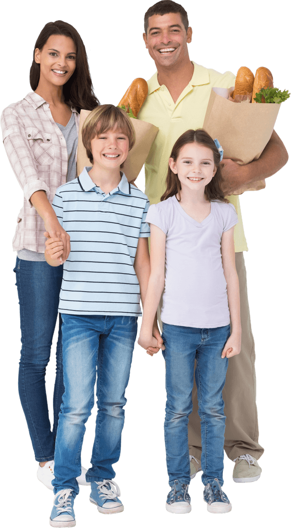 Transparent Happy Family Holding Grocery Bags Smiling