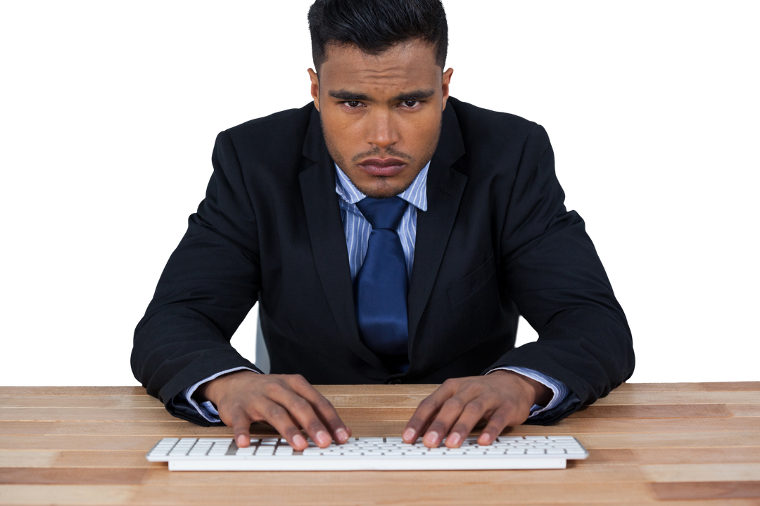 Transparent Businessman in Suit Typing on Keyboard Focused at Wooden Desk - Download Free Stock Images Pikwizard.com