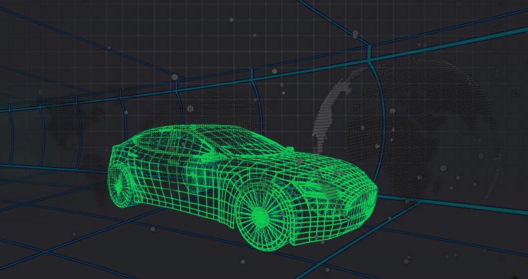 Futuristic Wireframe Car in Virtual Grid Tunnel