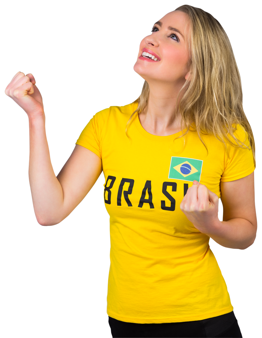 Excited Woman Celebrating in Yellow Brazil Football Tshirt, Transparent Background - Download Free Stock Images Pikwizard.com