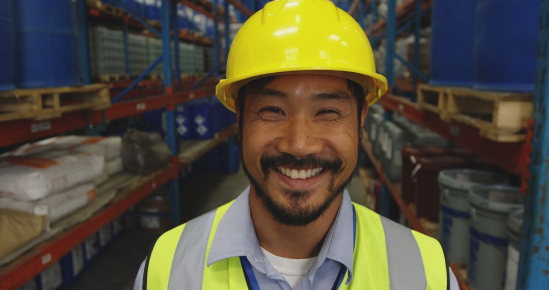 Smiling Warehouse Worker with Safety Gear in Industrial Storage Facility - Free Images, Stock Photos and Pictures on Pikwizard.com