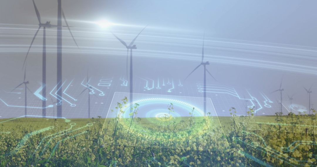 Wind Turbines Overlapping with Digital Circuitry Concept Illustration