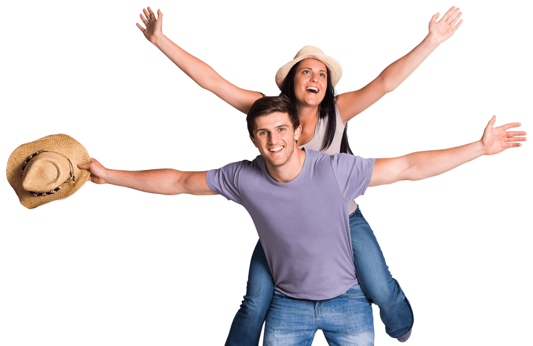 Joyful Couple with Piggyback Ride on Transparent Background