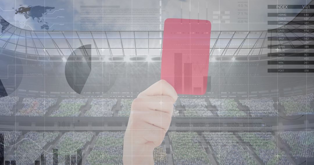 Red Card in Sports Stadium Amidst Data Overlays