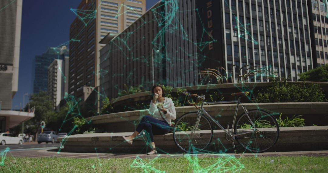 Woman Relaxing with Smartphone in Futuristic Urban Setting