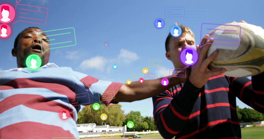 Rugby Players Competing for Ball with Floating Chat Icons