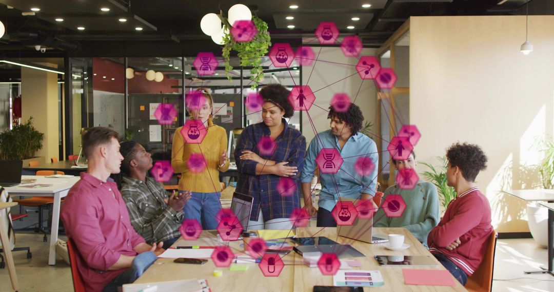 Multicultural team collaborating around table with magenta network overlay for innovation
