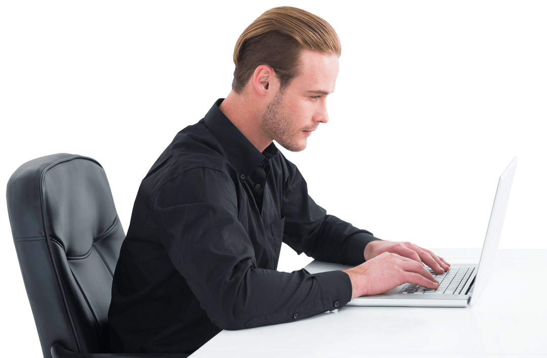 Transparent Professional Typing on Laptop at Modern White Desk