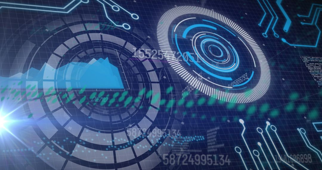 Futuristic Digital Interface with Circular Graphics and Data