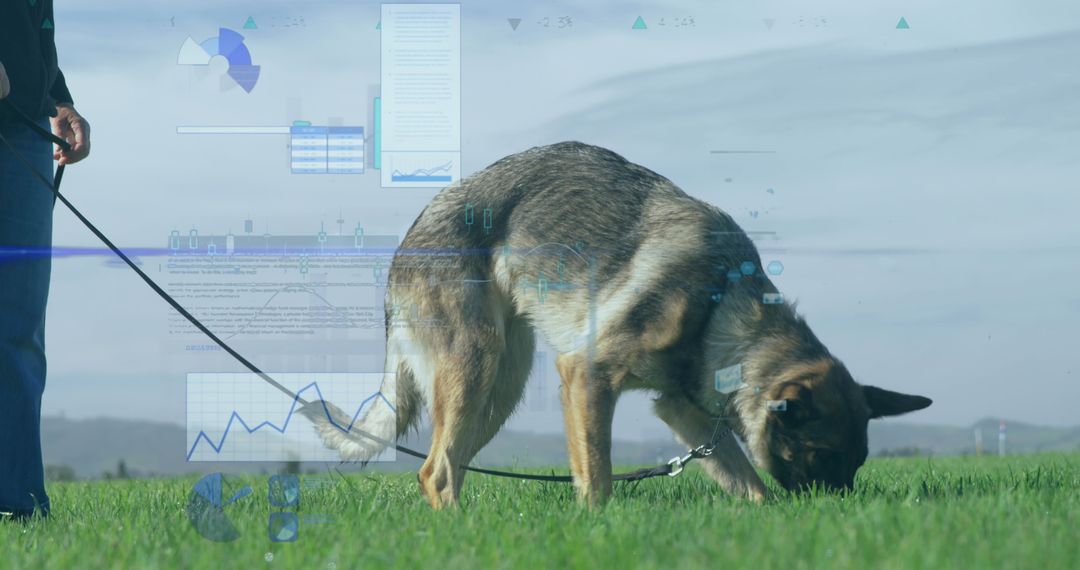 Financial Data Overlaying Man Walking Dog in Field