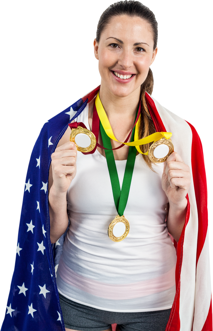 Smiling Female Athlete Displaying Gold Medals Wrapped in American Flag Transparent - Download Free Stock Images Pikwizard.com