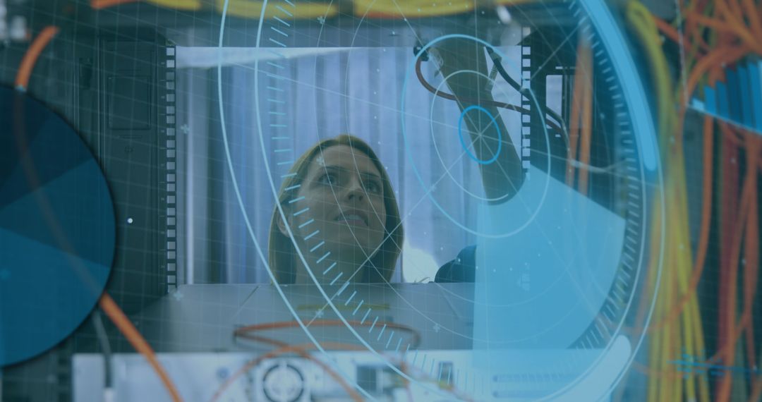 Engineer Working in Server Room with Data Projection Overlay