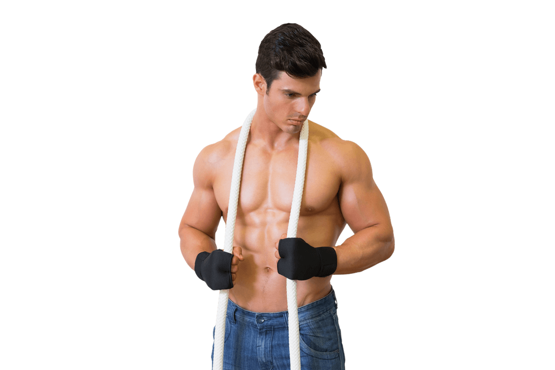 Transparent Muscular Man in Jeans Exercising with Battle Rope