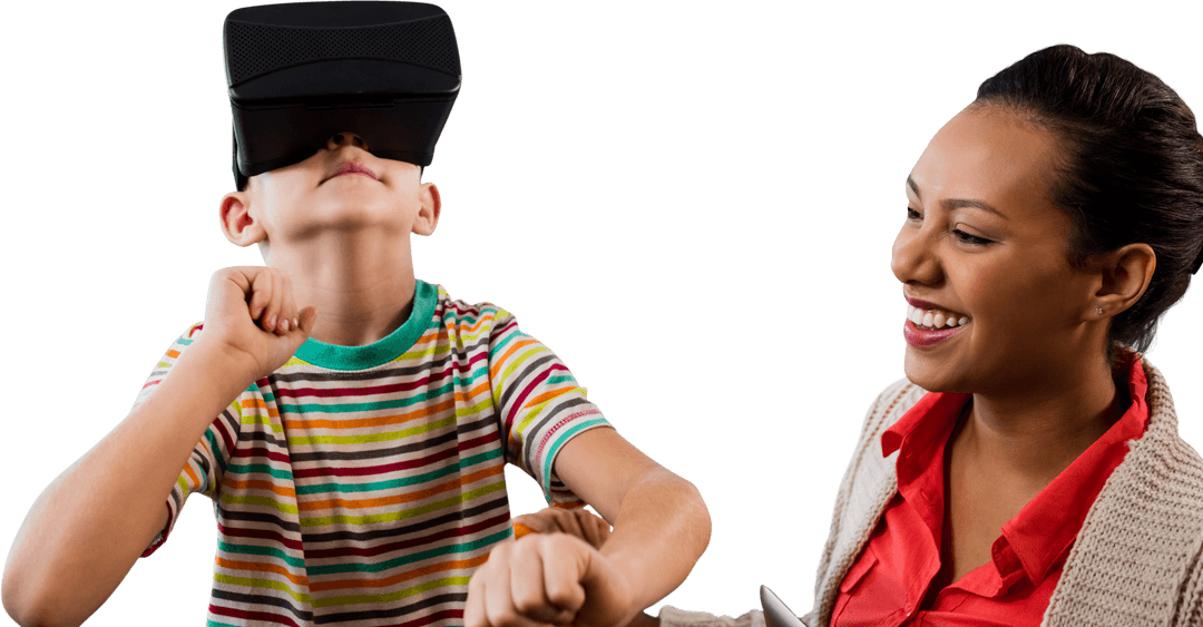 Joyful Interaction Boy with VR Goggles and Smiling Woman on Transparent