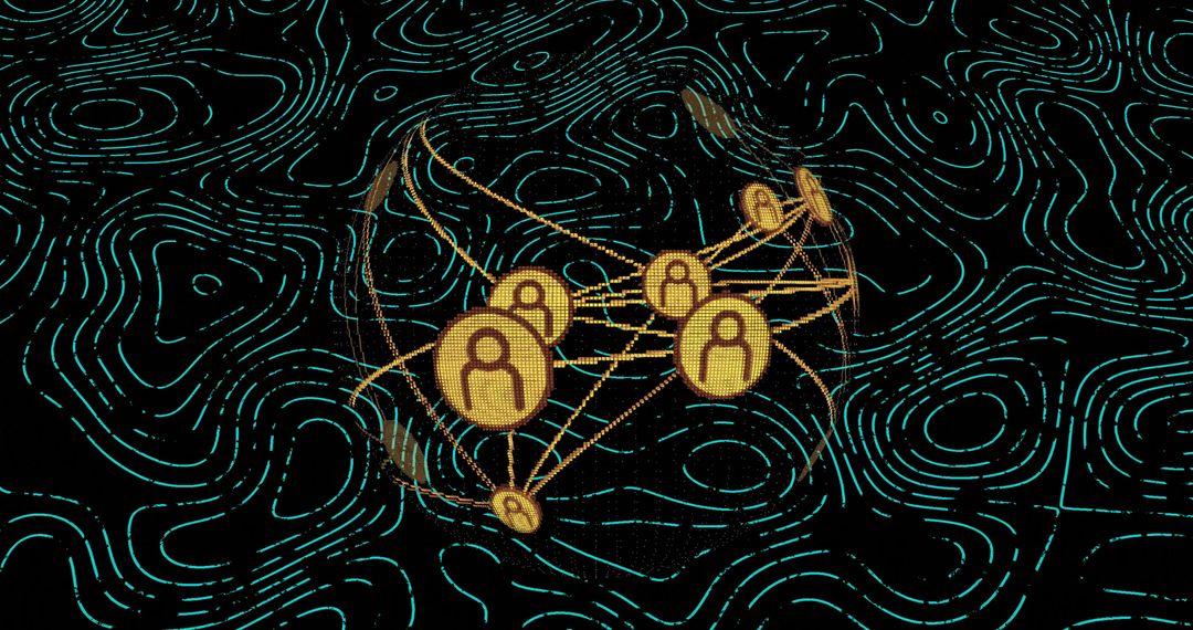 Golden Avatar Nodes Floating Inside Teal Contour Mesh for Digital Identity, Network Connectivity