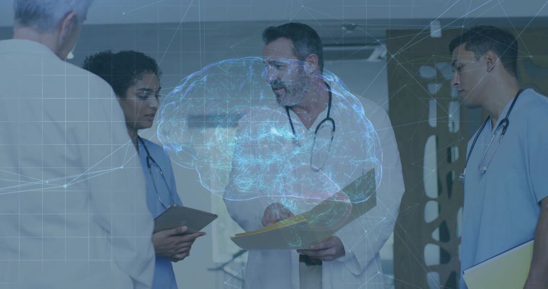 Doctors Analyzing Brain Hologram in Hospital Lab