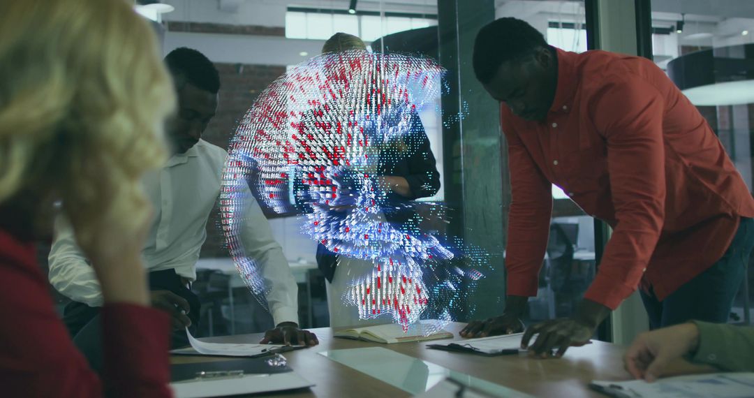 Professionals Reviewing Documents with 3D Brain Hologram