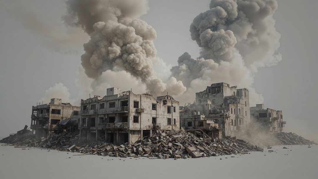 Earthquake ruins of collapsing concrete building amidst rubble and smoke