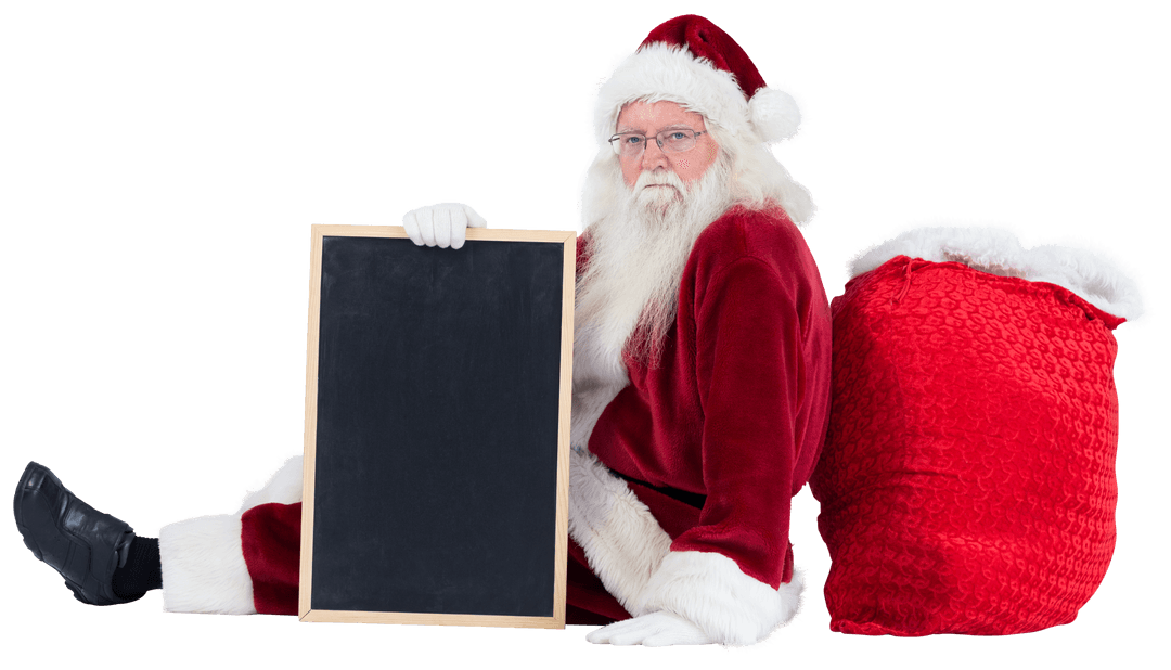 Transparent Caucasian Santa Claus with Blank Chalkboard and Gift Bag