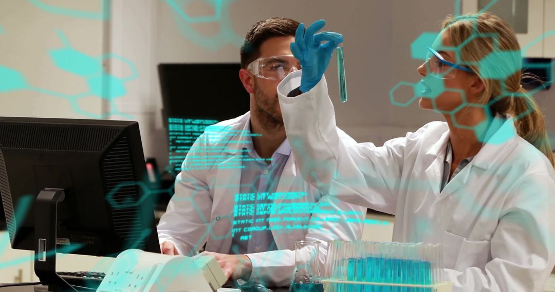 Scientists Analyzing Data in Modern Laboratory with Augmented Reality Displays