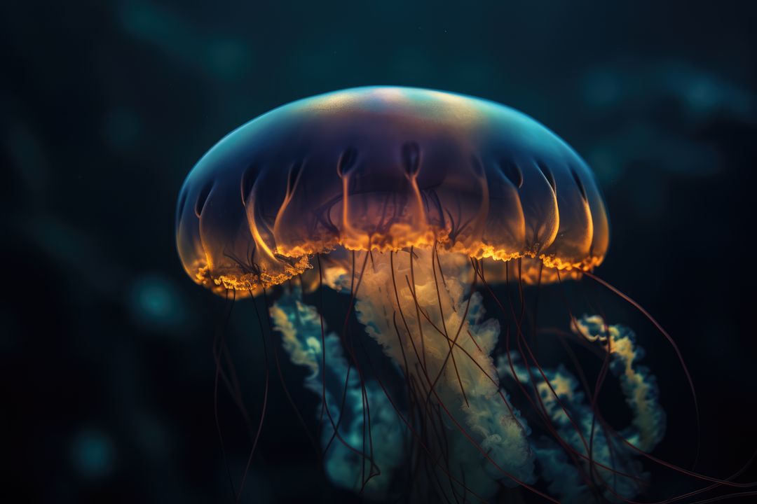 Close up of orange glowing jellyfish underwater, created using generative ai technology - Free Images, Stock Photos and Pictures on Pikwizard.com