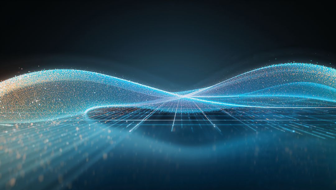 Neon Blue Grid with Glowing Waves in Futuristic Technological Space