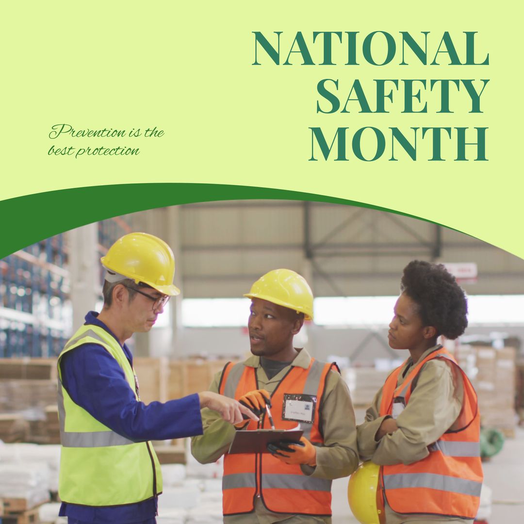 National Safety Month Workers Discussing Warehouse Safety - Download Free Stock Templates Pikwizard.com