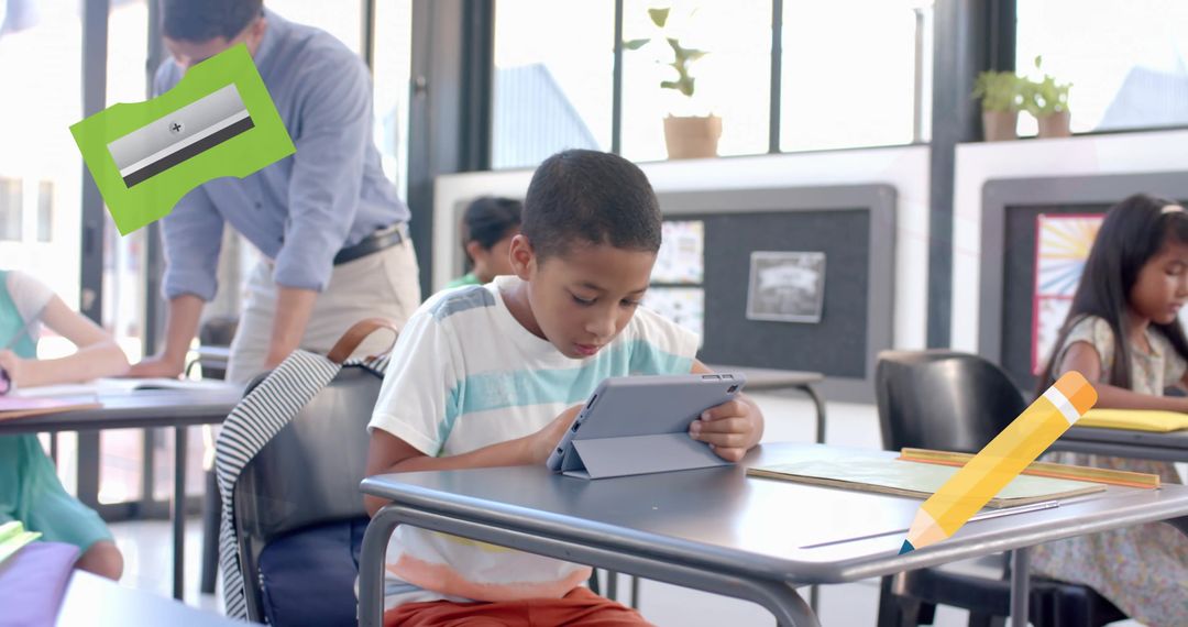 Boy Using Tablet in Classroom for Digital Learning