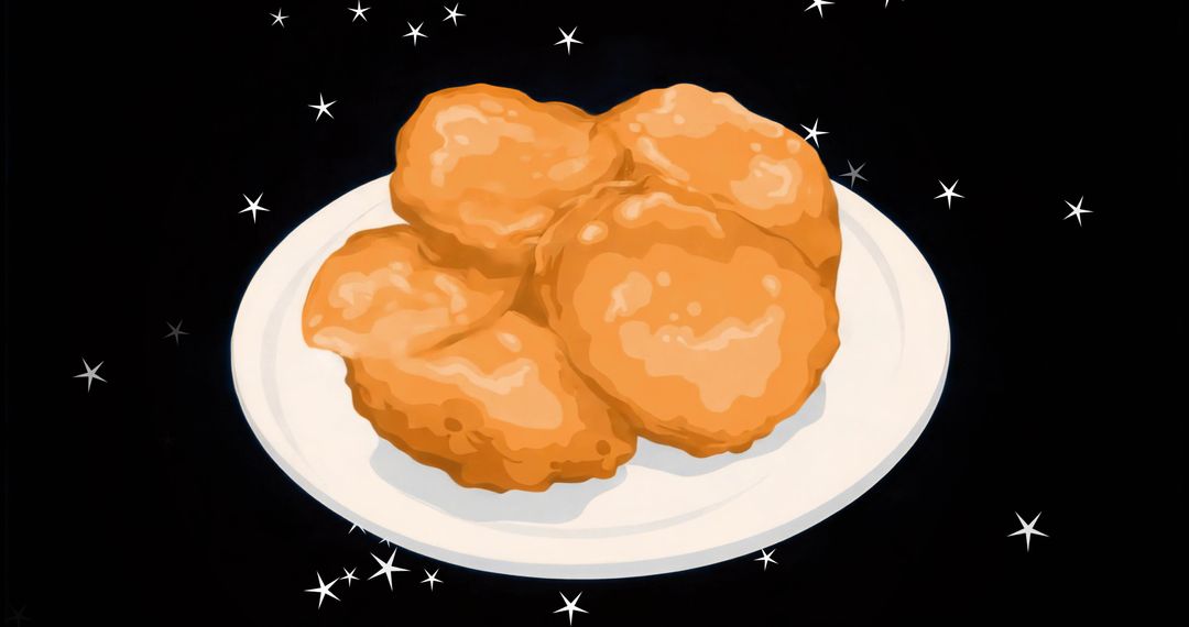 Floating Golden Chicken Nuggets on White Plate in Starry Black Background Minimal Food Art