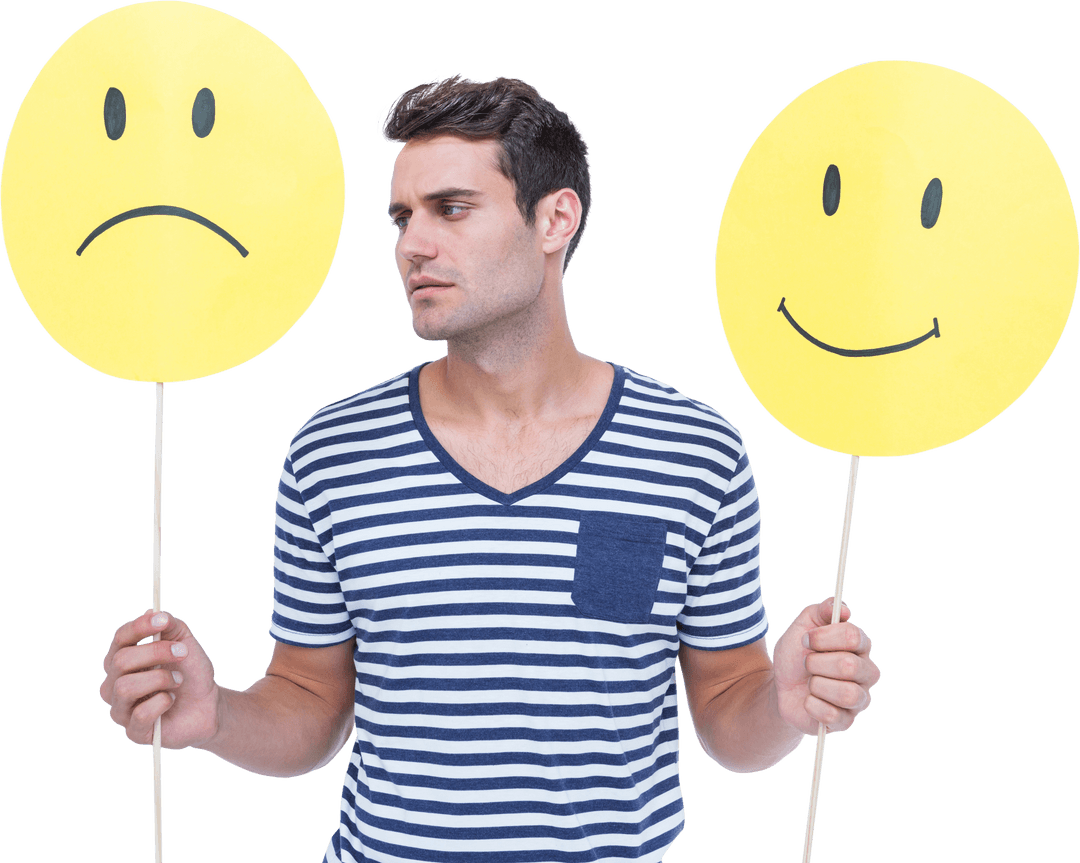 Man Holding Contrasting Happy and Sad Face on Transparent Background