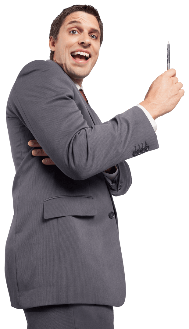 Jovial Caucasian Businessman with Pen on Transparent Background